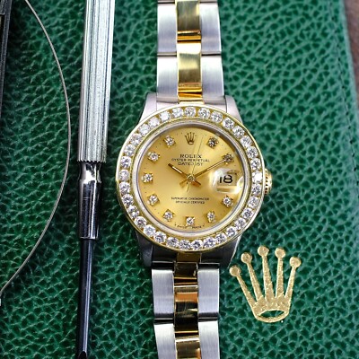 Rolex Datejust 79173 Champagne Diamonds Dial 26mm 18K Yellow Chanel Set  Bezel