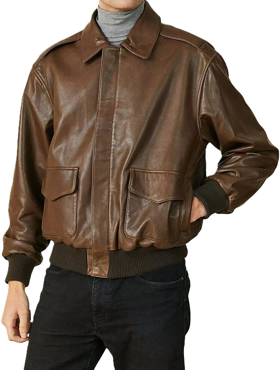 Men's Brown Genuine Leather Jacket Flight Bomber 100% Pure