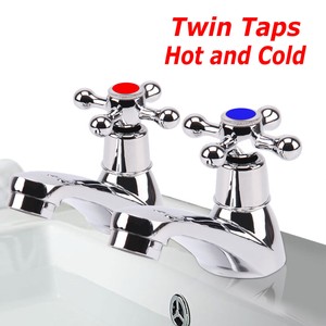 Traditional Twin Basin Sink Hot And Cold Taps Pair Chrome Bathroom