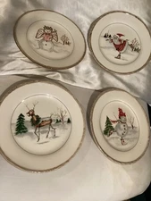 Christmas Salad Dessert Snack Plates Santa Snowman Reindeer Cream Set Of 4 NWT