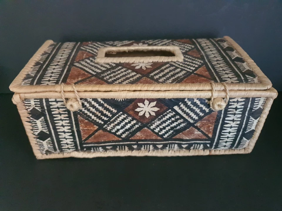 Vintage Fijian Bark Tapa Cloth Woven Tissue Box Cover Polynesian Pacific Islands - image 2 of 4