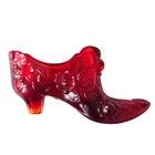 Vintage Fenton Ruby Red Glass Slipper Shoe Heel Cabbage Rose Floral USA
