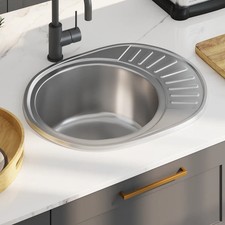 vidaXL Stainless Steel Oval Kitchen Sink Reversible Deep Basin Strainer Silver