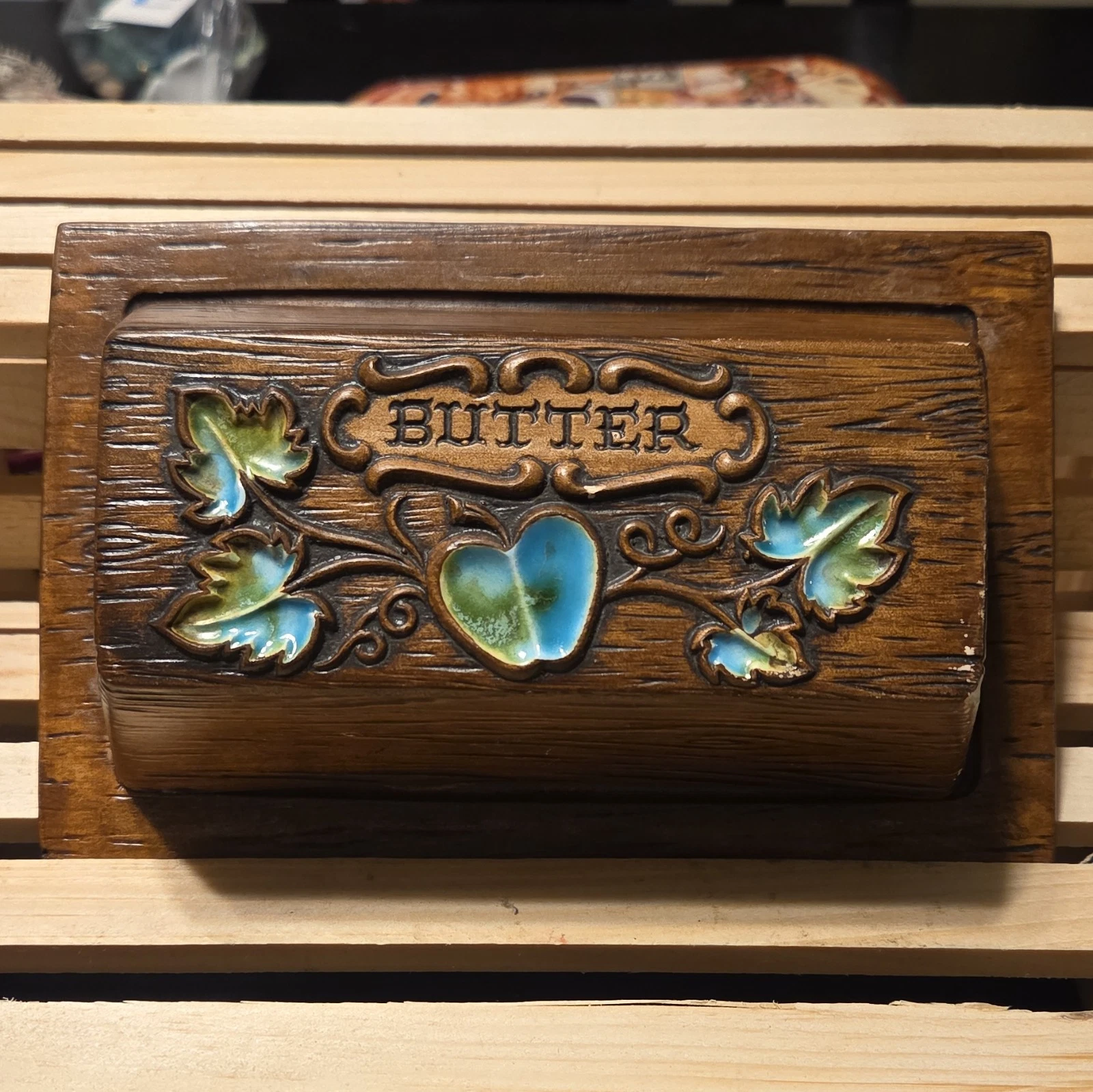 Treasure Craft Floral Butterfly Ceramic Covered Butter Dish w/ Lid Brown Blue
