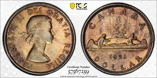1953 Canada S$1 No Strap FWL - PCGS AU58