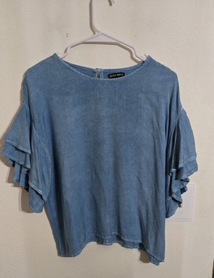 Pre-loved STYLE ENVY Women's Blue Chambray Look Ruffle Sleeve Blouse Best For L