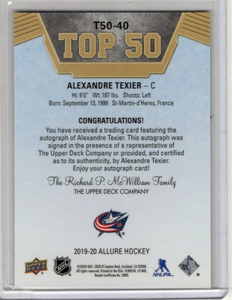 2019-20 Upper Deck Allure Top 50 Blue Alexandre Texier #T50-40 Rookie Auto RC - Image 2 of 2