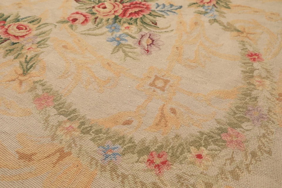 9'x11'8'手工编织平织羊毛象牙针绣奖章地毯 — 第 4/4 张图片