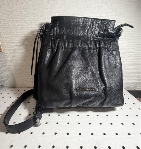 Burberry Black Logo Pattern Leather Shoulder Bag Unisex Crossbody Authentic