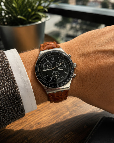 Swatch Irony Chronograph Swiss Quartz Black Dial Brown Leather Men's Watch