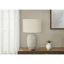 PA 24"H Textured Cream Resin Table Lamp Topped, With Linen Drum Shade