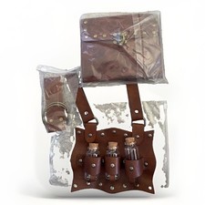 Medieval Alchemist Pouch W/Belt & 3 Glass Potion Bottles Rings Cosplay Set Brown