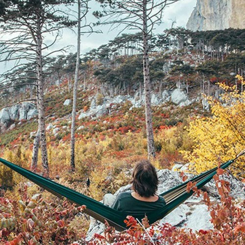 Anyoo Camping Doppelhängematte leicht tragbar (dunkelgrün & hellbraun) - Bild 2 von 7