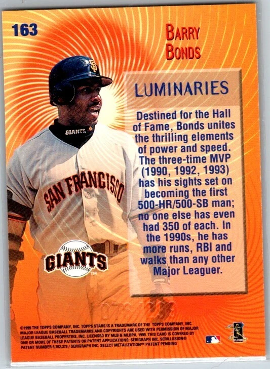1999 Topps Stars Foil #163 Barry Bonds Luminaries 76 /299 GIANTS - Image 2 of 2