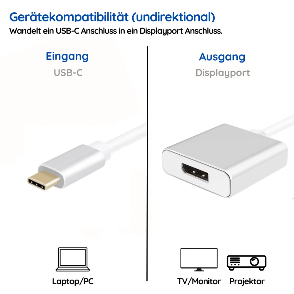 USB-C Stecker auf Displayport Buchse Adapterkabel Silber Ultra HD 4K Vergoldet - Bild 2 von 4