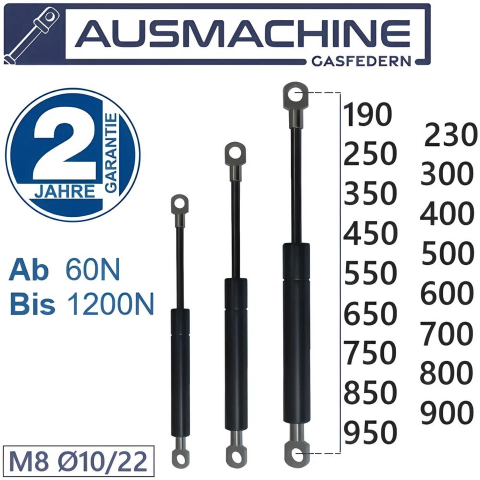 Gasdruckfeder mit Ösen Gasdruckdämpfer Länge 190 - 950mm | Newton 100N - 1200N