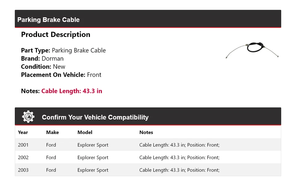 Передний трос стояночного тормоза для Ford Explorer Sport Dorman 2001-2003 годов выпуска 2002 - Изображение 2 из 4