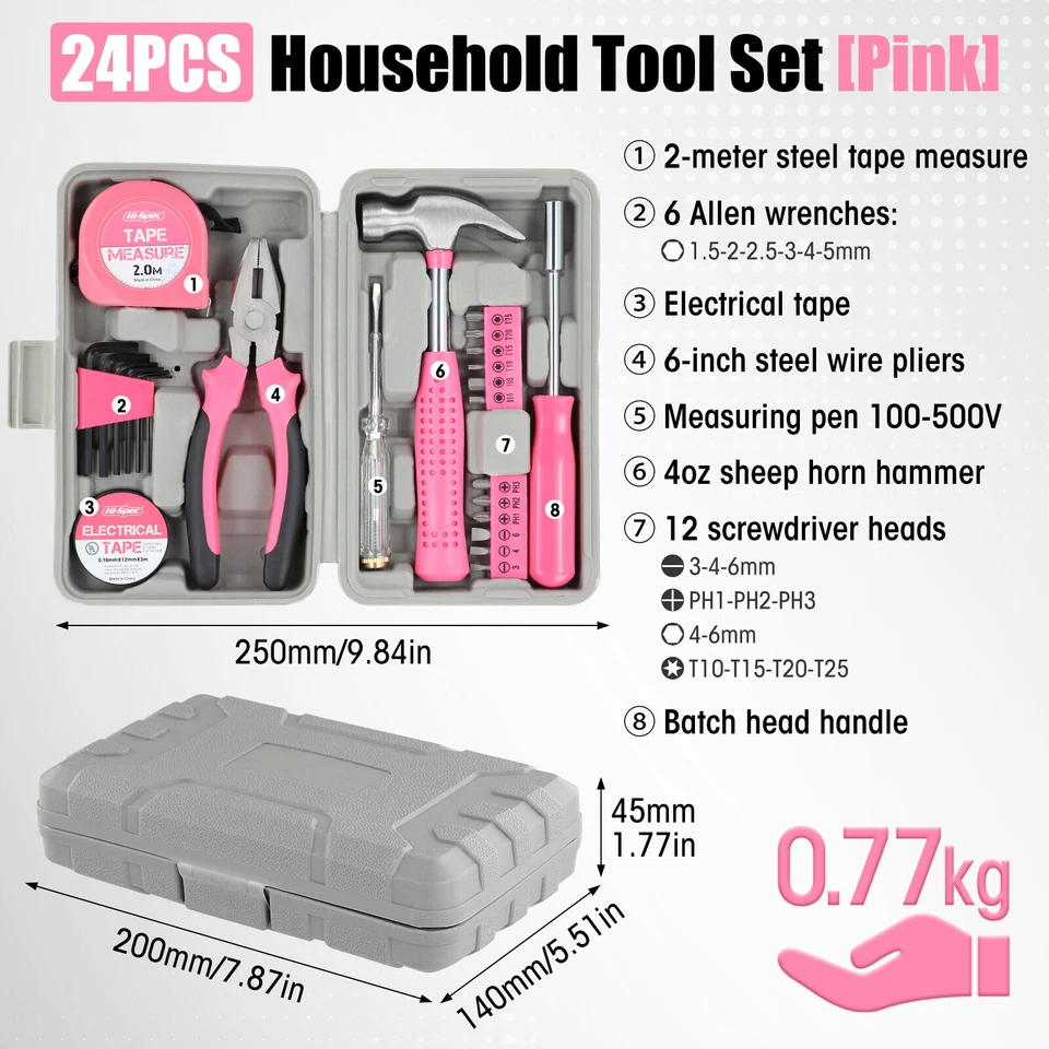 24-teiliges rosa Heimwerker-Werkzeugset für Damen. Kleines Mini-Werkzeugset mit - Bild 3 von 4