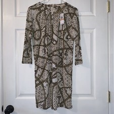 Women’s S MICHAEL KORS Cream Brown Gold Snake Chain Print 3/4 Sl Fall Dress NWT 