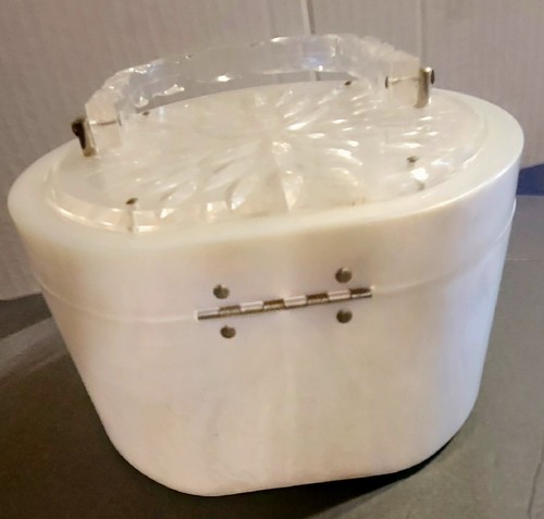 Borsa Perla Vintage Lucite Marbelizzata Anni '50 Scatola Rotonda Avorio - Foto 6 di 8