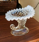 Fenton Hobnail French Opalescent White Art Glass Cornucopia Candlestick Holder