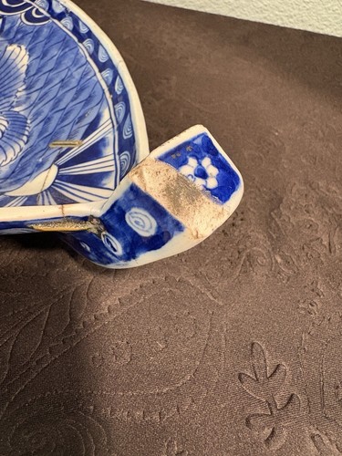 Antique Japanese Repaired Plate Warmer Boat Shape, Blue And White Ceramic Tray - Picture 22 of 24