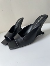 Schuh Black Wedge Heel Mules UK6 Square Toe Slip On Heels