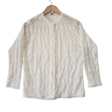 Vintage 70s Ivory Pointelle Knit Cardigan Sweater Scalloped Trim Cottagecore