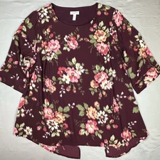 Women Tulip Back Top 2X Burgundy Pink Floral Print 3/4 Sleeve Tunic Dark Cottage