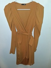 Fashion NOVA V-Neck Mustard Yellow  Puff Shoulder Statement Dress Size S