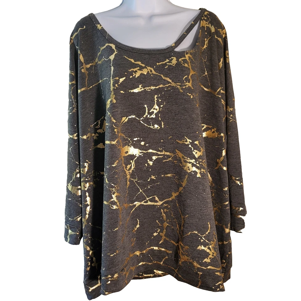 Moletom Cato 26/28W cinza dourado metálico respingo roupa ativa confortável 3/4 Slv - Imagem 2 de 4