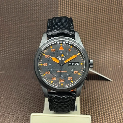 Seiko 5 Sports SRPH33K1 Reissue Military Black Orange Nylon Day Date Men's Watch
