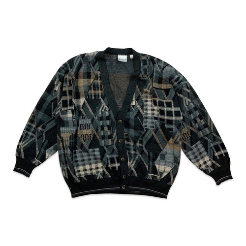 Vintage 80er Herren Strickjacke Grau & Blau Abstraktes Muster XL XXL