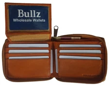 Genuine Leather Mens Zipper Zip-Around ID Card Window Secure Mens Wallet Tan