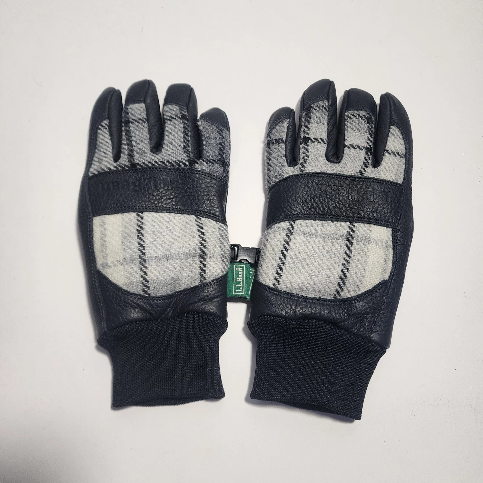 LL BEAN WOMEN DEERSKIN LEATHER GLOVES PLAID WOOL MEDIUM INSULATED BLACK GRAY