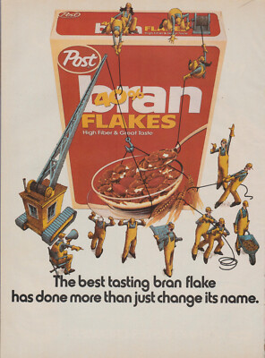1985 Post Bran Flakes Cereal - Construction Workers Crane Build Box - Print Ad