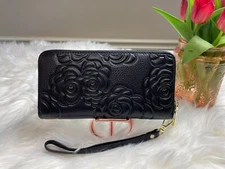 Genuine Cowhide Leather Quilted Floral Embossed Long Wallet Wristlet