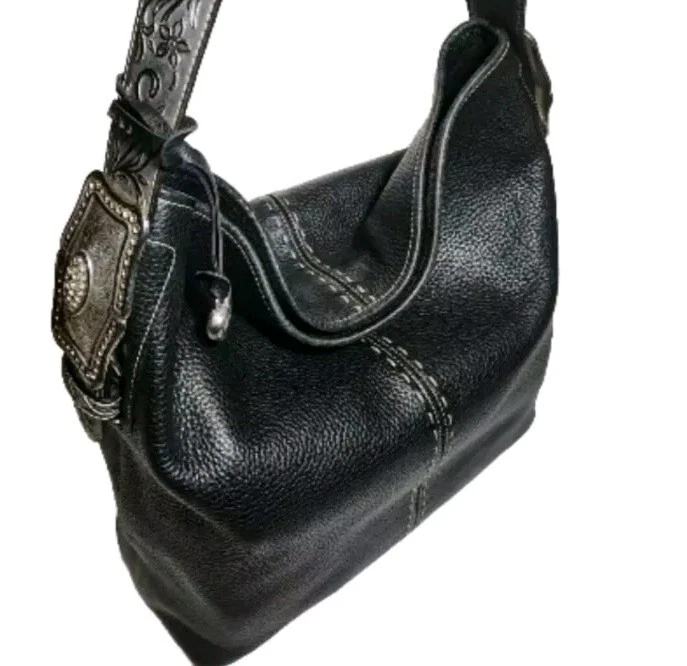 BRIGHTON JEWELED CONCHO BLACK SILVER EMBOSSED ACCENTS SHOULDER BAG LG HOBO $330