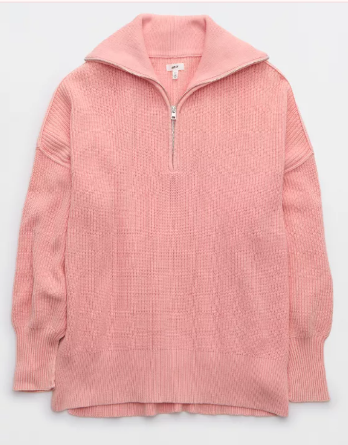 NWT Aerie Beyond Quarter Zip Pink Sweater size Large