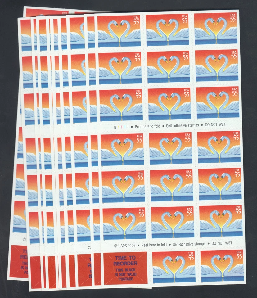 US Stamp Scott #3124a Wedding Love Swans 55 Cents, 10 Panes of 20 (200pc) - Image 2 of 2