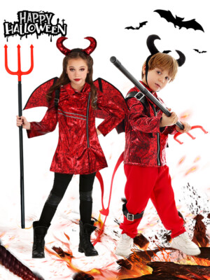 Kids Red Horn Demon Devil Costume Cosplay Boys Girls Red Devil Outfit  UK