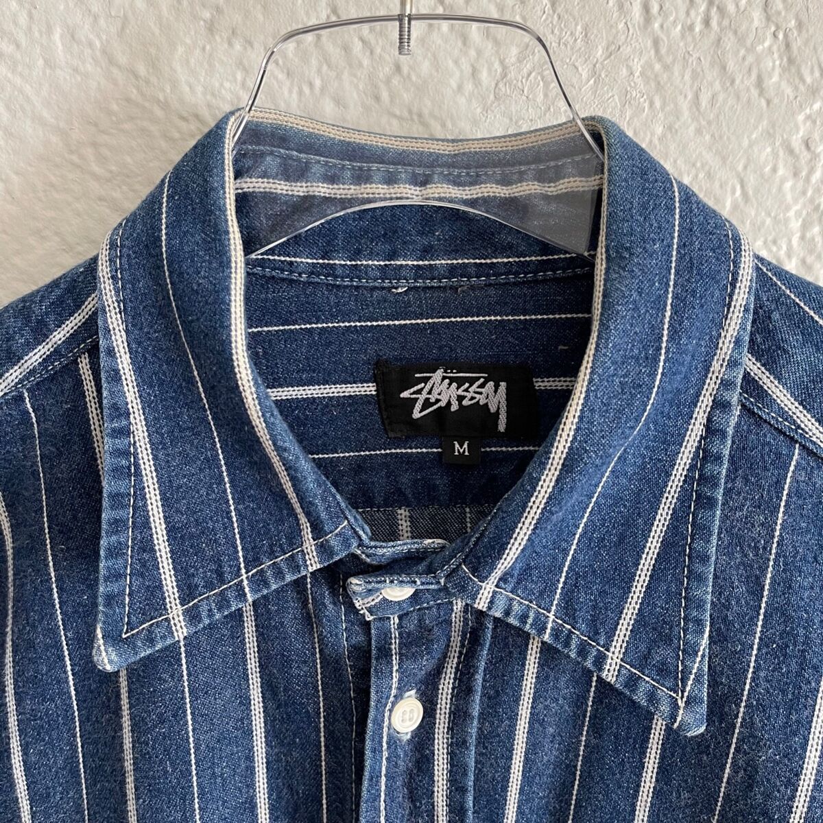 Vintage 90s Stussy Medium Men’s Jacket Collar Denim Chore Shirt Grunge  Stripe