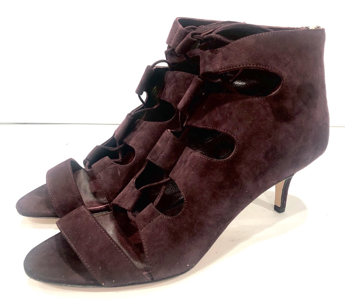 Delman Tryst Ghillie-Tie Suede Open-Toe Bootie purple womens size