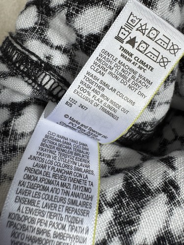 M&S BLACK/WHITE PATTERNED 100% LINEN ELATIC WAIST/BELTED TROUSERS SIZE 14S VGC - Picture 4 of 11
