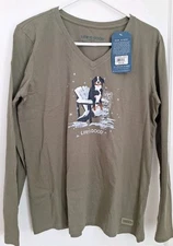 Life is Good Long Sleeve Crusher Tee Bernese Size Large V Neck Olive Dog Snow