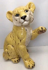 Large Vintage Hand Painted Ceramic Life Size Lion Cub Statue 15.5"x13” Retro