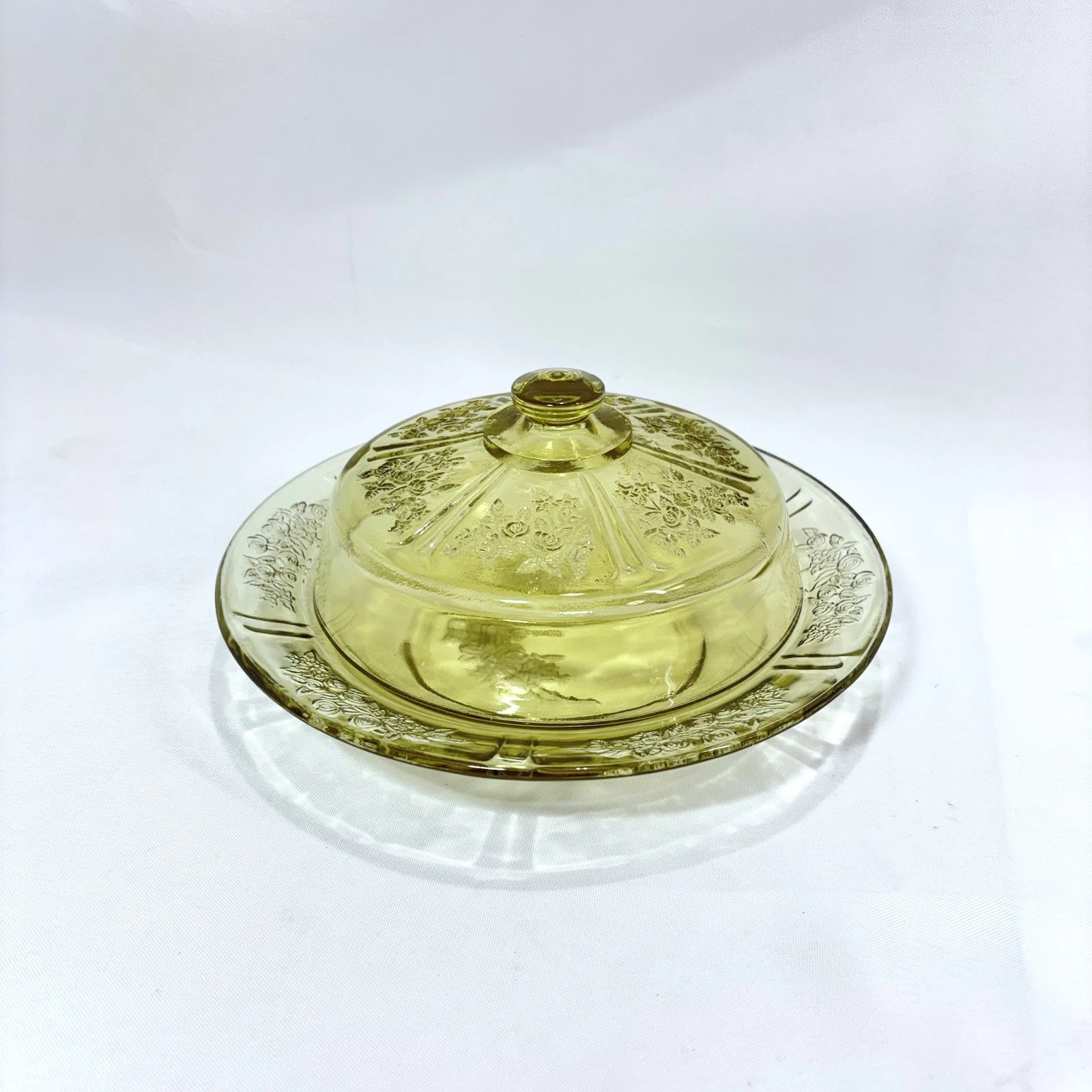 VTG Sharon Amber Glass Cabbage Rose Covered Cheese Dome Butter Dish 1930s