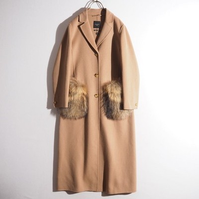 Used Max Mara Cucito A Mano Fur Pocket Double Face Wool Coat Size 42 Beige