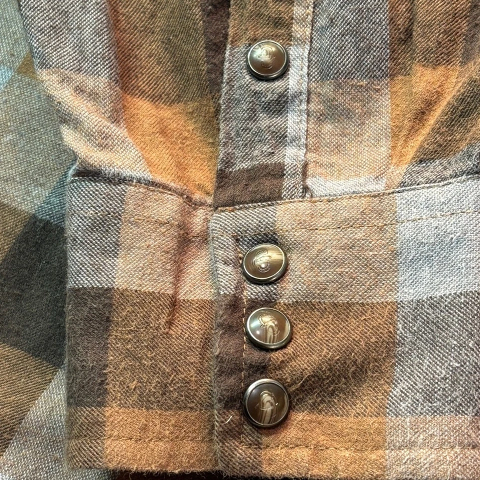 Stetson Plaid Flannel Western Shirt Brown Blue Pearl Snap Large Fall Double Flap - Image 3 of 4