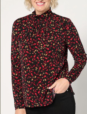 Susan Graver Size 1X Wine Printed Long Sleeve Liquid Knit Mock Neck Top